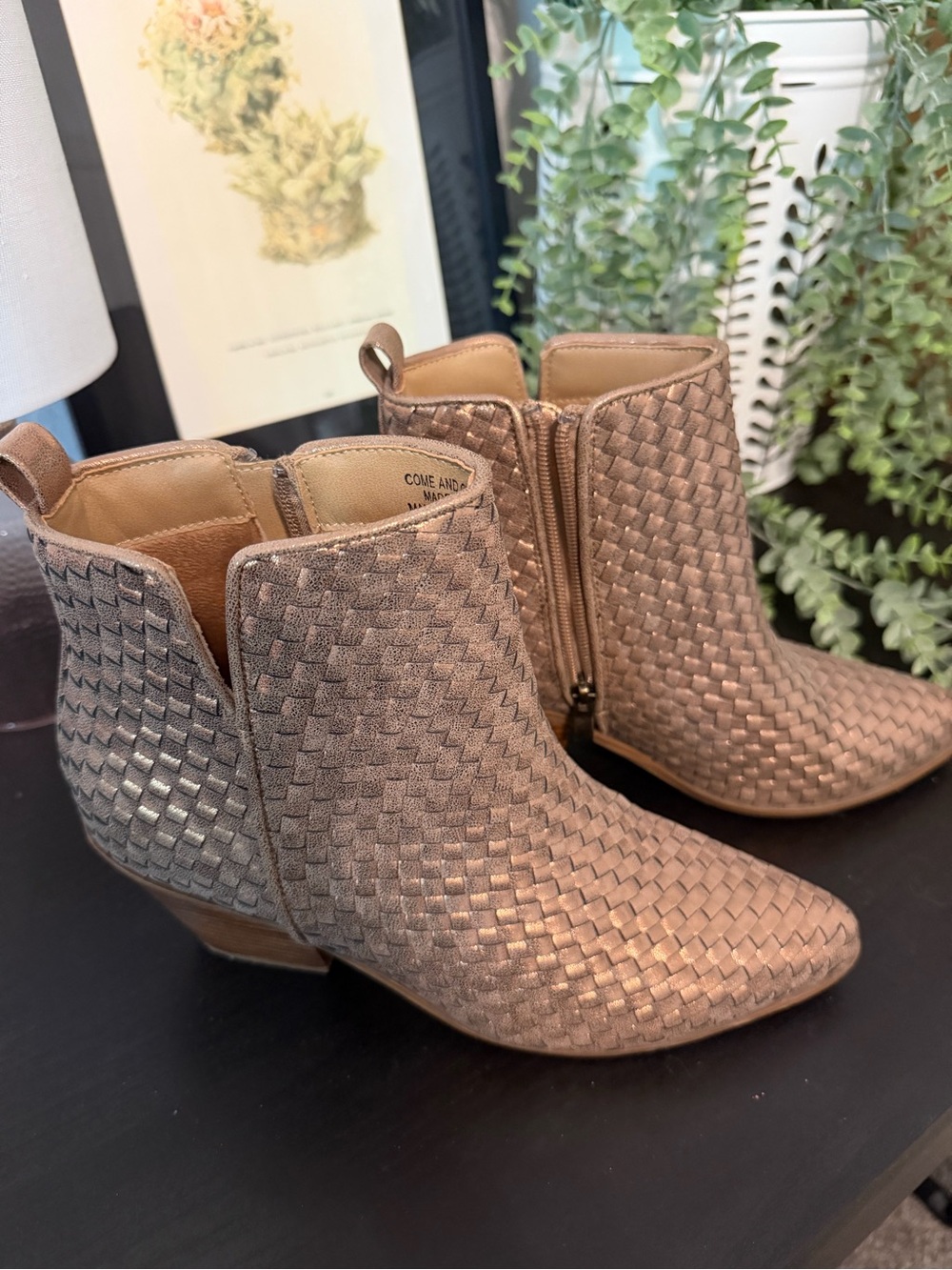 Woven Metallic Taupe Ankle Booties - Women